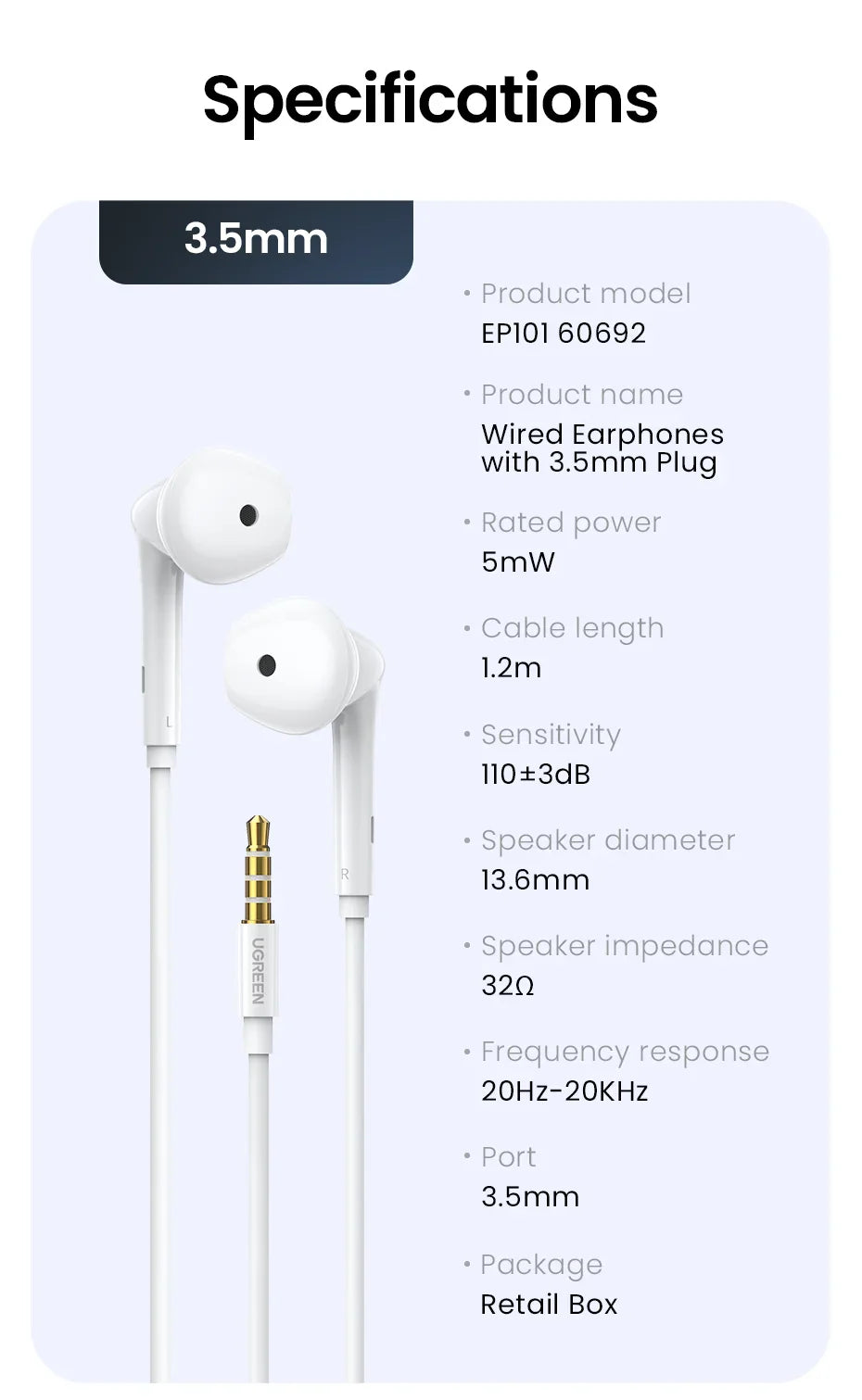 White wired earphones with 3.5mm plug.