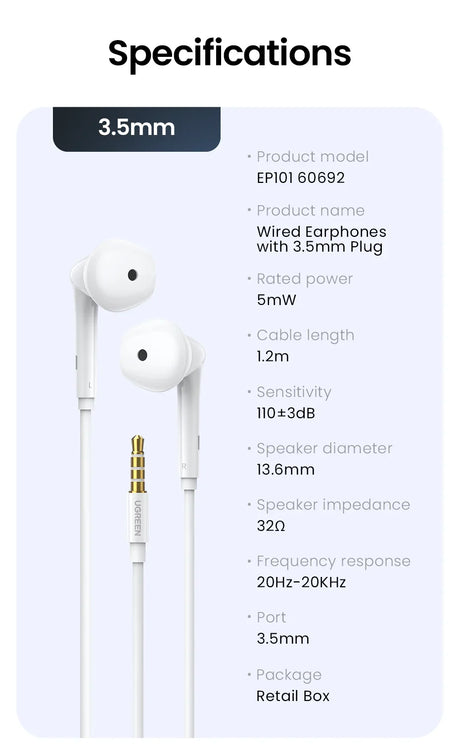 White wired earphones with 3.5mm plug.