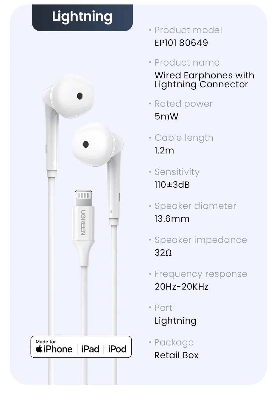 White wired earphones with lightning connector.