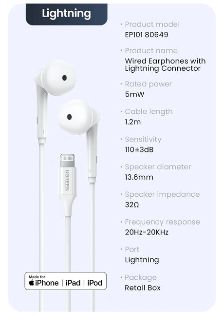White wired earphones with lightning connector.