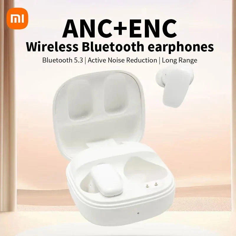 White wireless Bluetooth earbuds with charging case.
