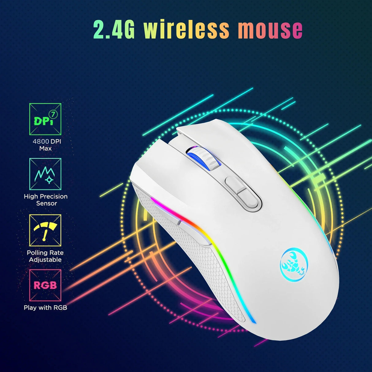 White wireless computer mouse with RGB lighting and multiple buttons.