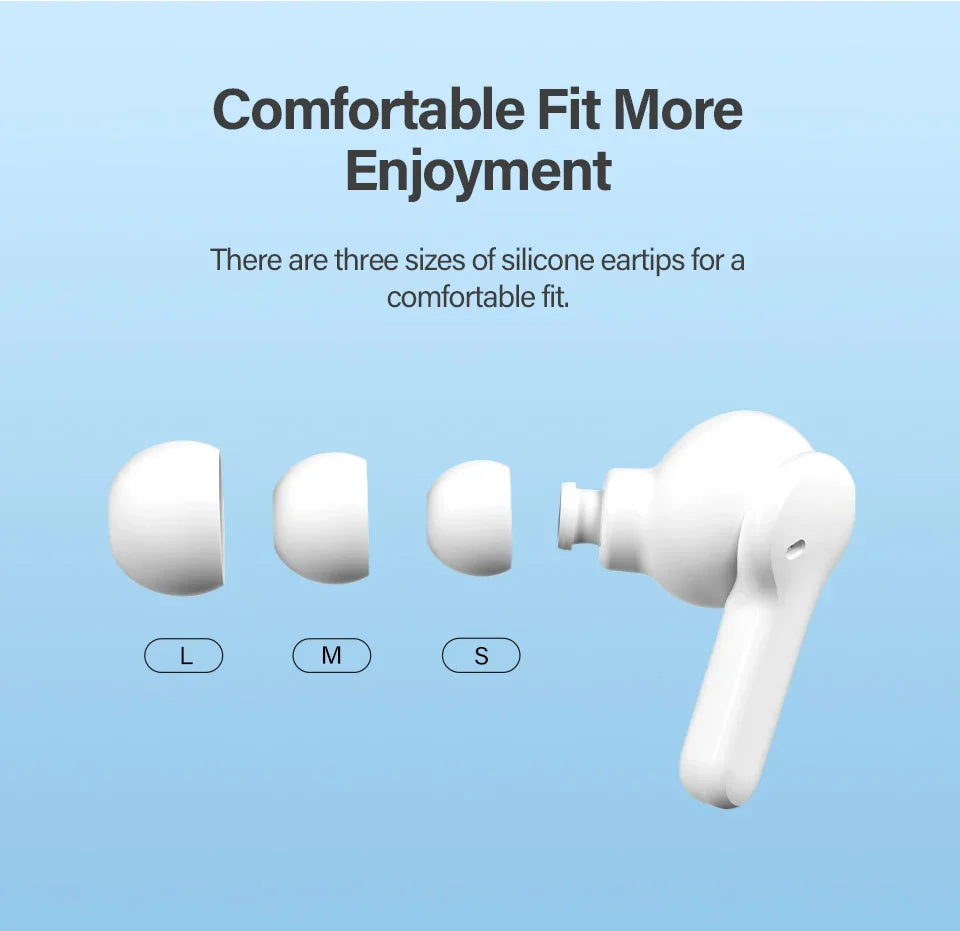 White wireless earbud with interchangeable silicone tips.