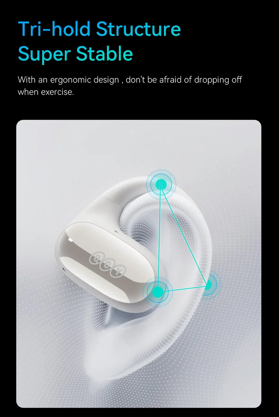 White wireless earbud with a tri-hold structure design.