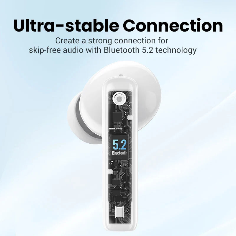 White wireless earbud with visible internal components.