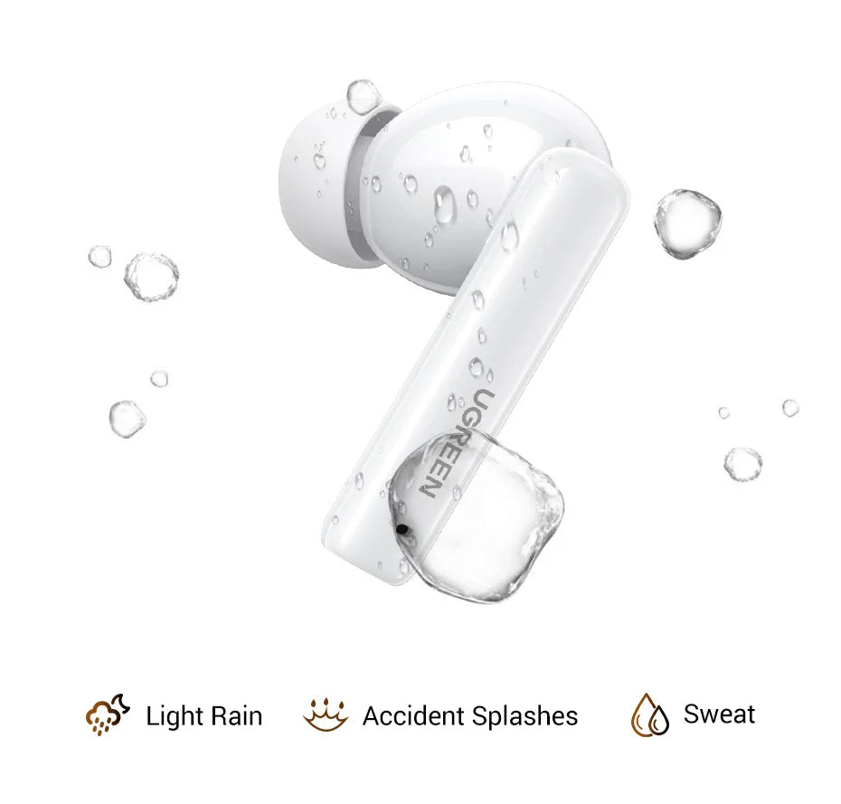 White wireless earbud with water droplets.