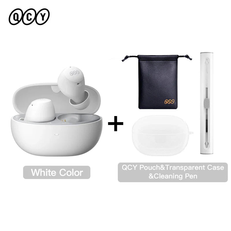 White wireless earbuds with accessories.