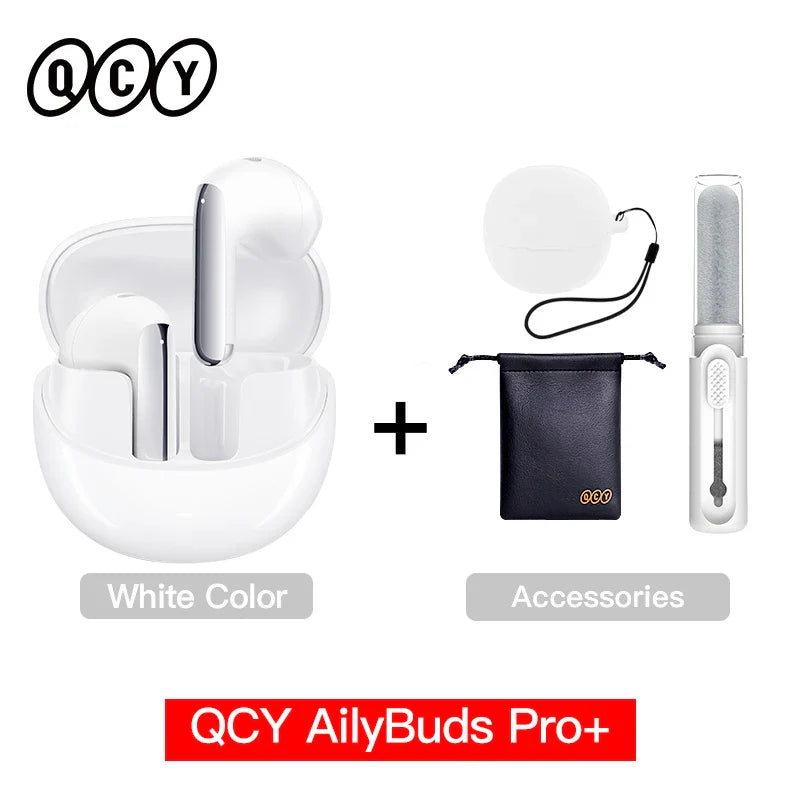 White wireless earbuds and accessories.