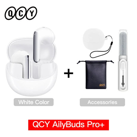 White wireless earbuds and accessories.
