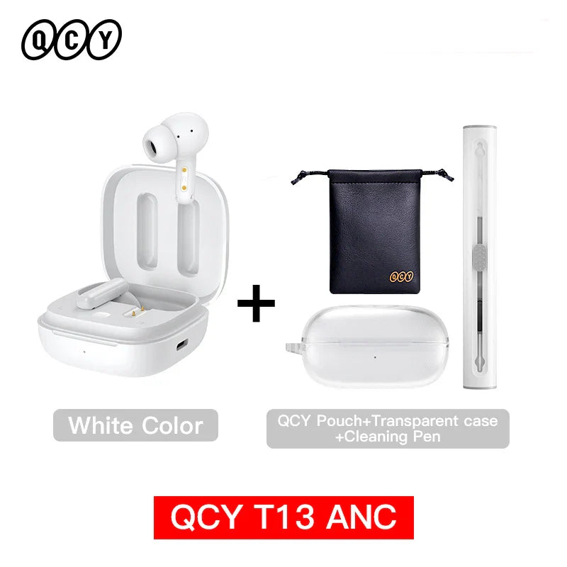 White wireless earbuds with accessories.