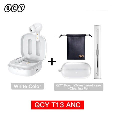 White wireless earbuds with accessories.
