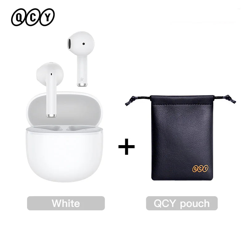 White wireless earbuds and black pouch.