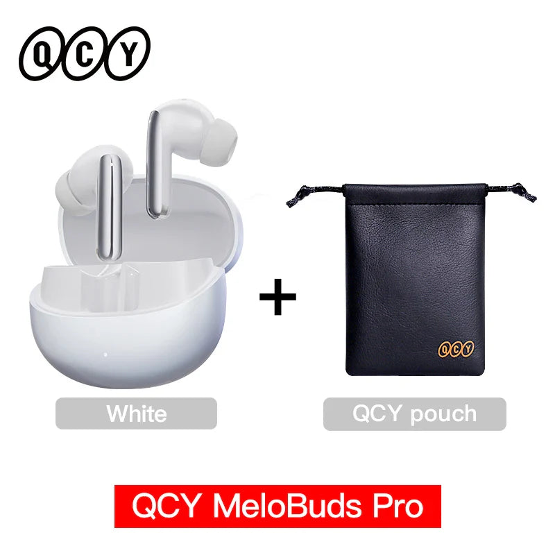 White wireless earbuds and black pouch.