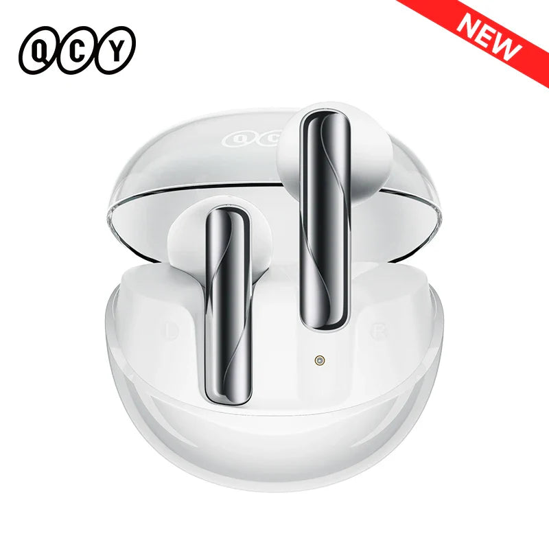 White wireless earbuds with charging case.