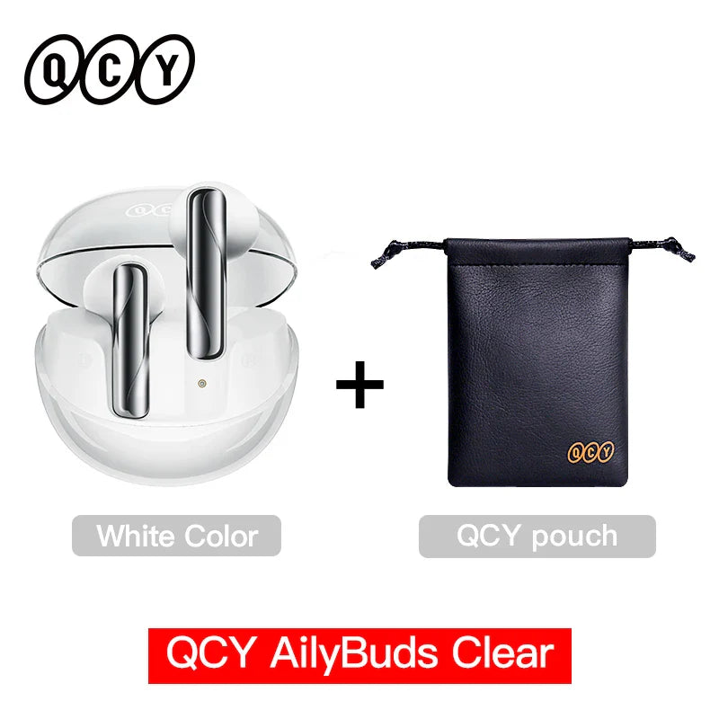 White wireless earbuds with charging case and pouch.