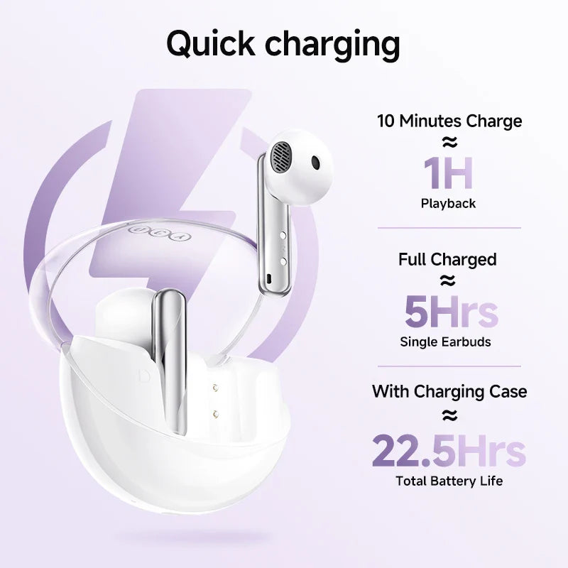 White wireless earbuds and charging case with battery life information.