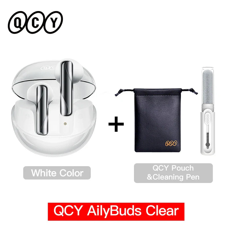 White wireless earbuds with charging case, pouch, and cleaning pen.