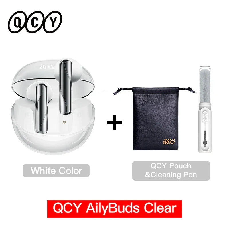 White wireless earbuds with charging case, pouch, and cleaning pen.