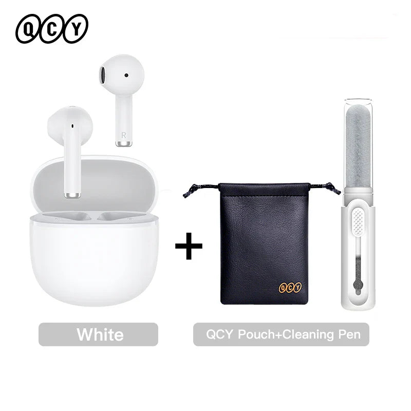 White wireless earbuds with charging case, pouch, and cleaning pen.