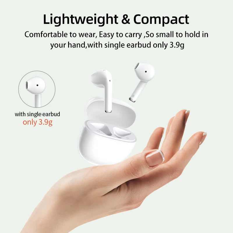 White wireless earbuds and charging case.
