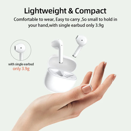 White wireless earbuds and charging case.