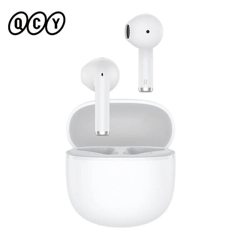 White wireless earbuds and charging case.