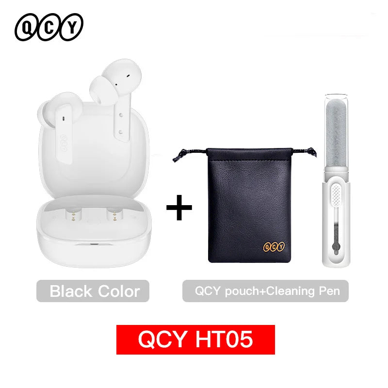 White wireless earbuds with charging case, pouch, and cleaning pen.