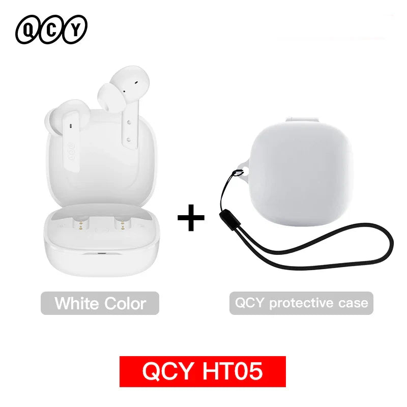 White wireless earbuds with charging case and protective case.