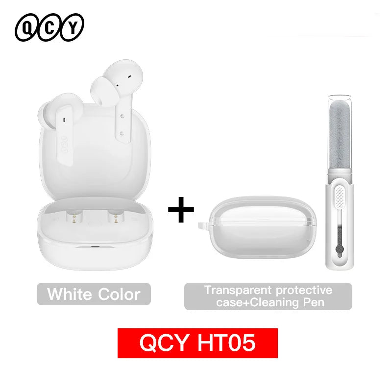 White wireless earbuds with charging case, transparent case, and cleaning pen.