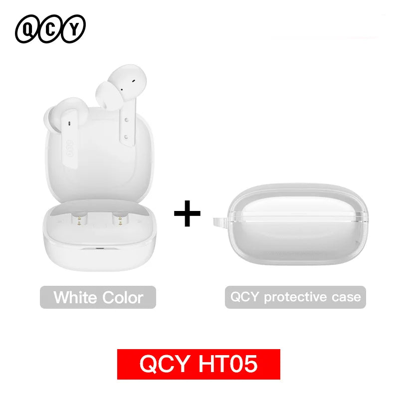 White wireless earbuds with charging case and protective case.