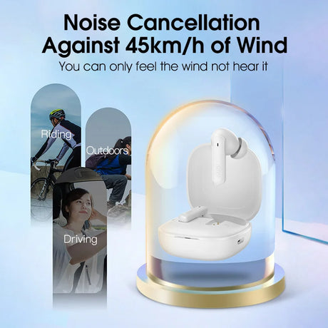 White wireless earbuds in charging case.