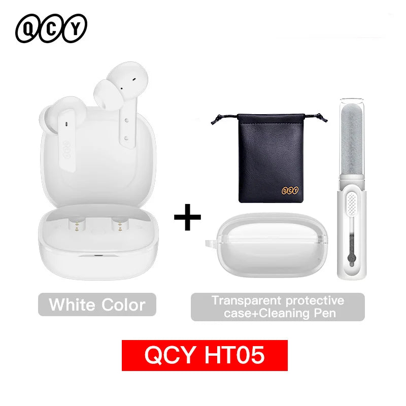 White wireless earbuds with charging case, accessories.