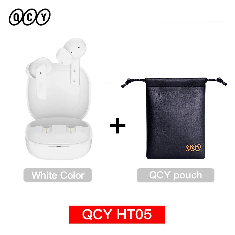White wireless earbuds with charging case and black pouch.