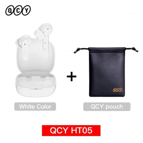 White wireless earbuds with charging case and black pouch.