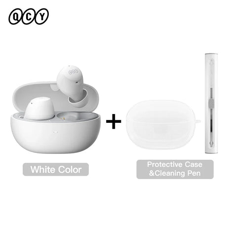 White wireless earbuds with charging case and cleaning pen.