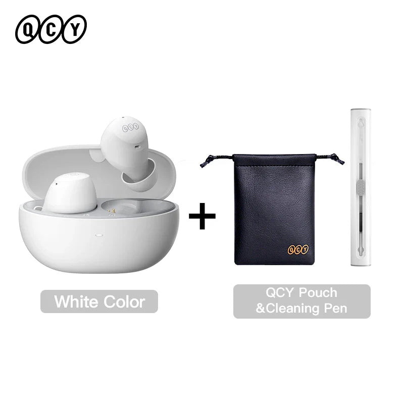 White wireless earbuds with charging case, pouch, and cleaning pen.