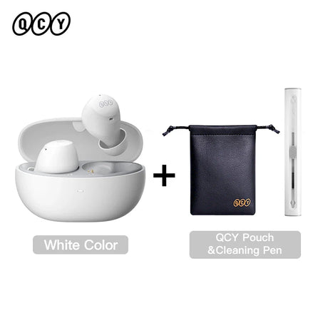 White wireless earbuds with charging case, pouch, and cleaning pen.