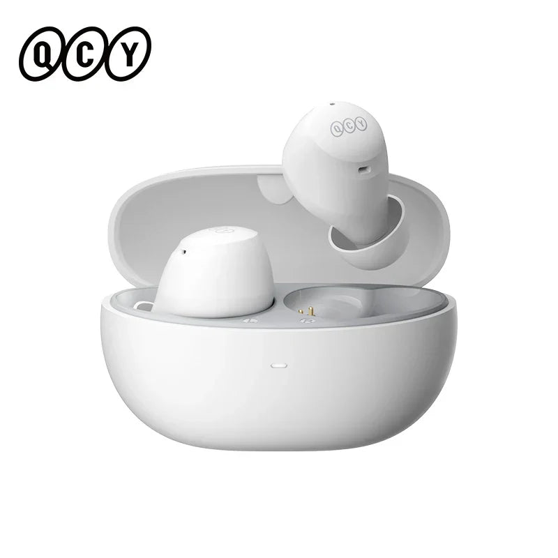 White wireless earbuds in charging case.