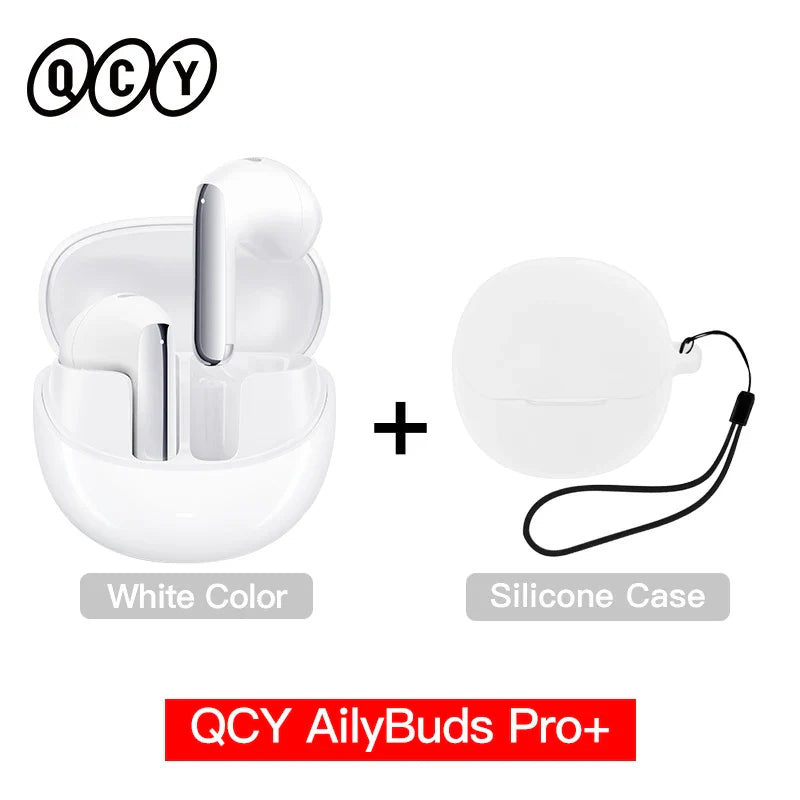 White wireless earbuds with charging case and silicone cover.