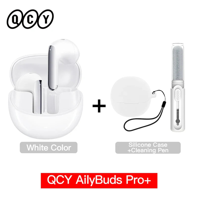 White wireless earbuds with charging case, silicone case, and cleaning pen.