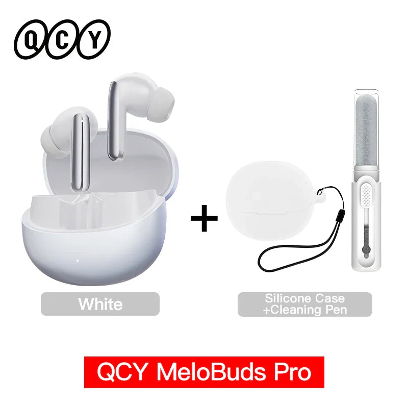 White wireless earbuds with charging case, silicone case, and cleaning pen.