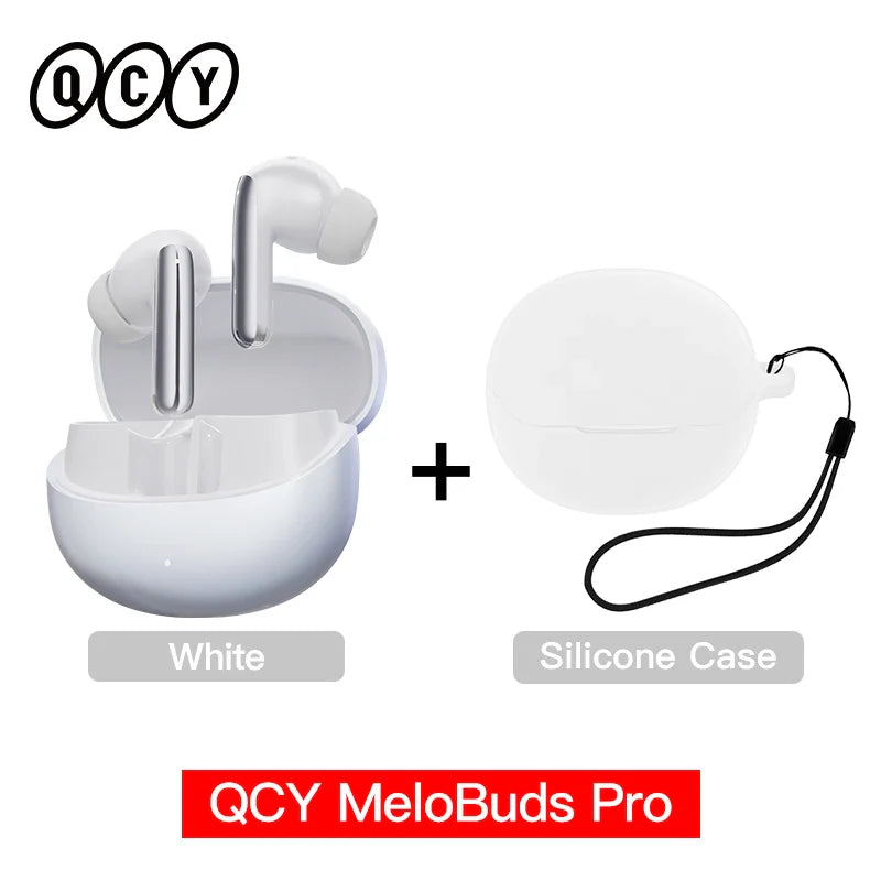 White wireless earbuds with charging case and silicone case.