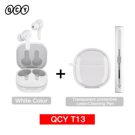 White wireless earbuds with charging case and accessories.