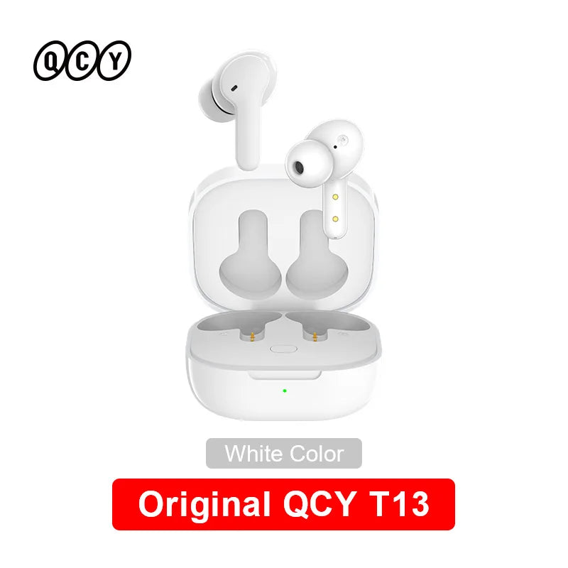 White wireless earbuds and charging case.