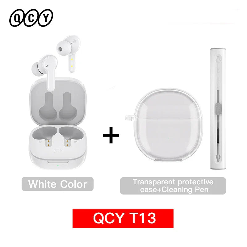 White wireless earbuds with charging case and accessories.