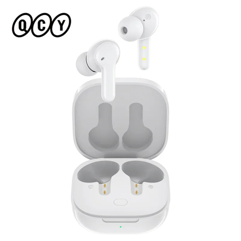 White wireless earbuds and charging case.
