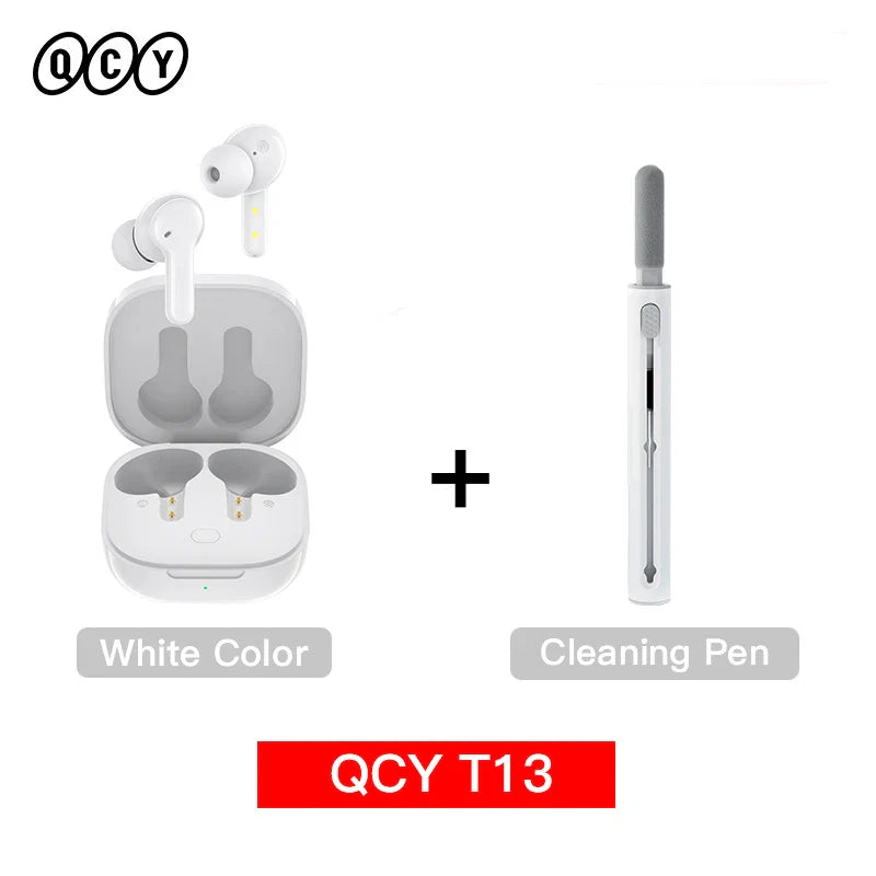 White wireless earbuds with charging case and cleaning pen.