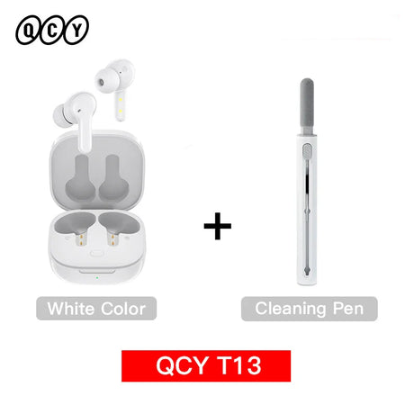 White wireless earbuds with charging case and cleaning pen.