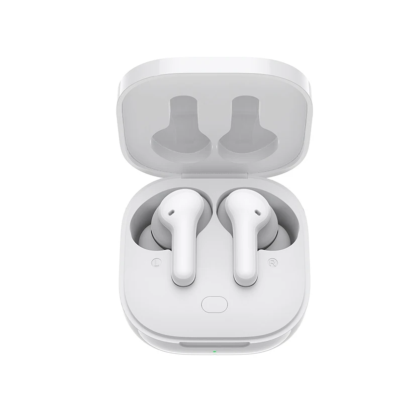 White wireless earbuds in charging case.