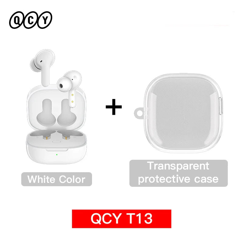 White wireless earbuds with charging case and transparent protective case.